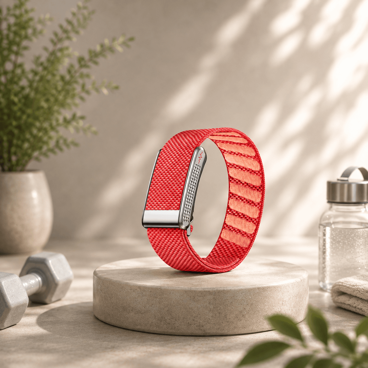 theera TW Pro Red fitness band in vivid red woven fabric