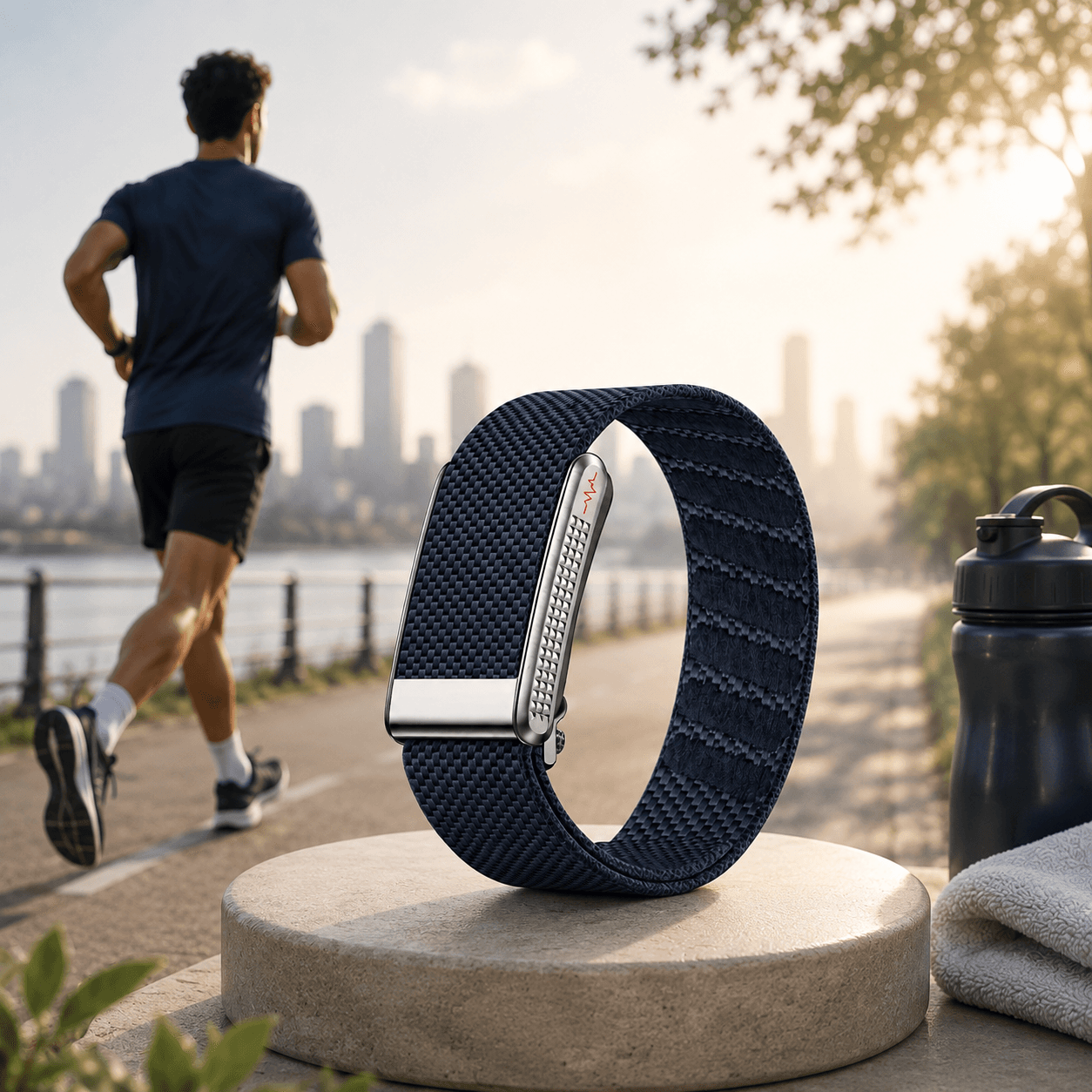 theera TW Pro Blue fitness band in slate woven fabric with silver hardware