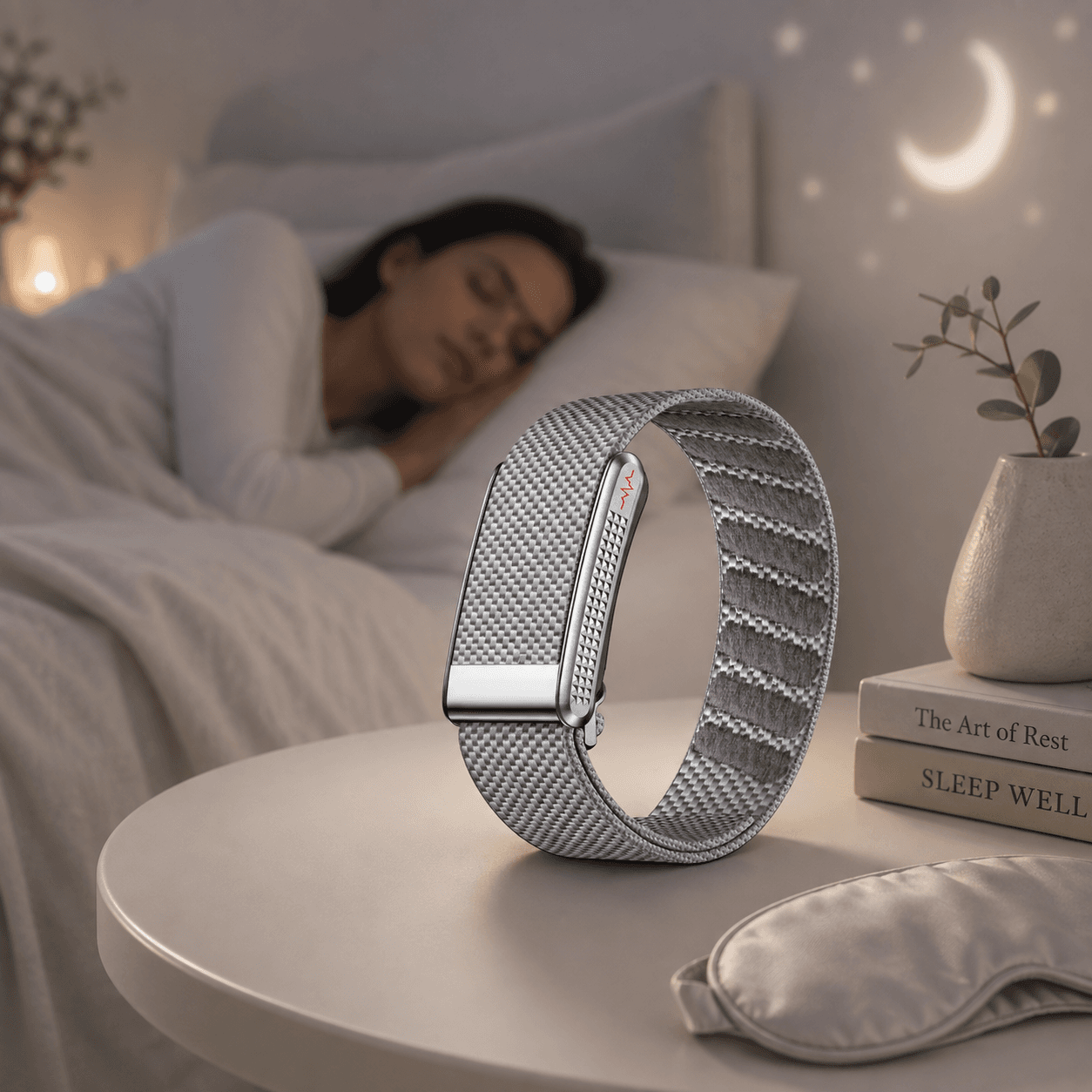 theera TW Pro Silver fitness band in woven silver fabric with brushed titanium clasp