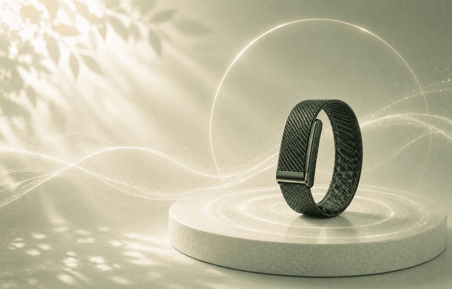 theera Smart Band — wellness band on a pedestal with glowing data waves
