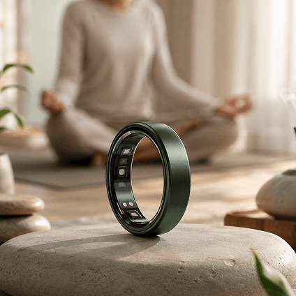 theera Forest Silver smart ring in brushed green titanium