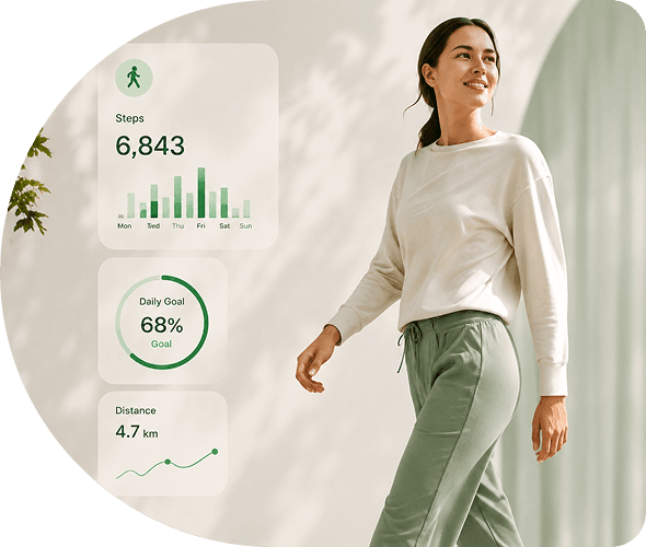 Woman walking with step count and distance stats overlay