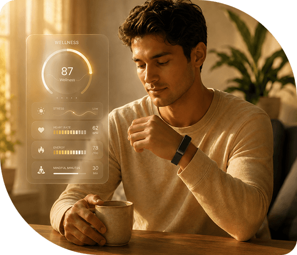 Man checking wellness score while wearing the Theera smart band