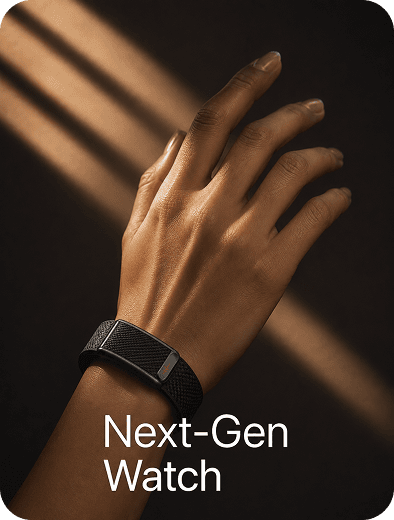 Hand wearing the Theera smart band in soft window light